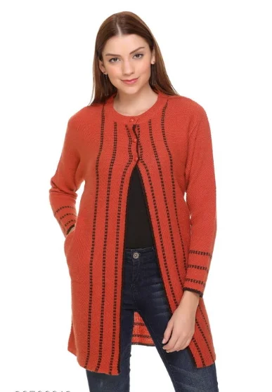 CLAPTON Women Round Neck Rust Full Sleeve With Pocket Wool Cardigan (Outer Long) - XXL, Rust, Wool, Pack of1